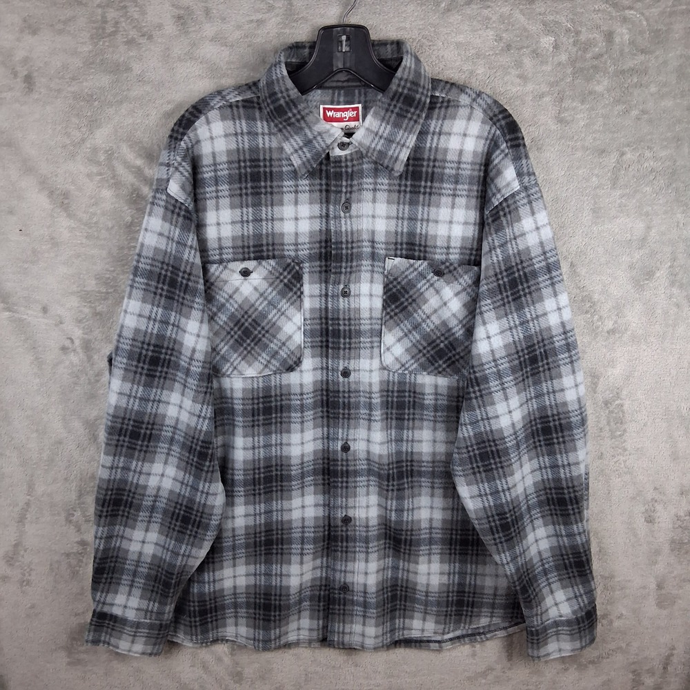 Wrangler Fleece Shirt Jacket Mens L Black Gray Plaid Button Up HBP2DWD